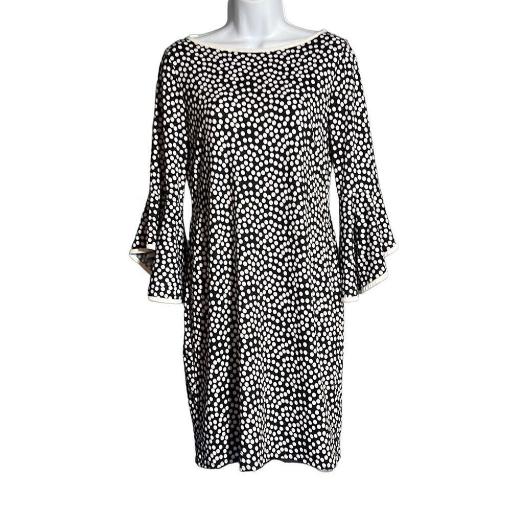Nik and Nash Women's Polka Dot Dress Bell Sleeve Midi Boatneck Black White Small